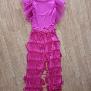 Hot Pink Fringe Pants & Ruffle Sleeve Bodysuit
